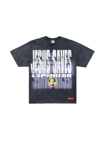 BOLAPSD - JESUS SAVES I SPEND OVERSIZED WASHED BLACK TEE
