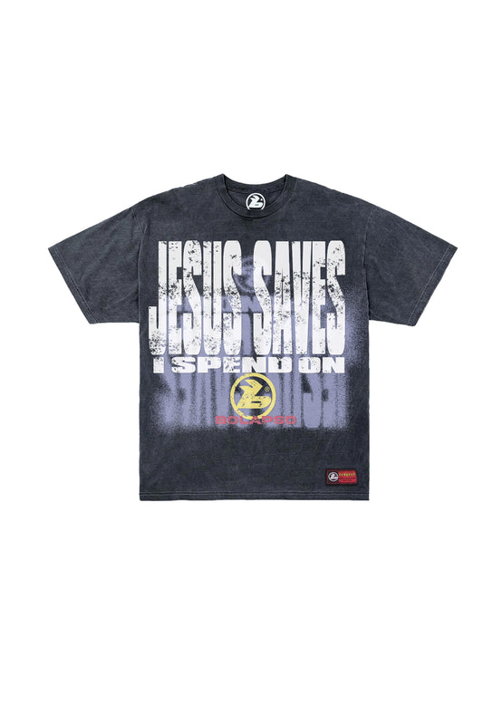 BOLAPSD - JESUS SAVES I SPEND OVERSIZED WASHED BLACK TEE
